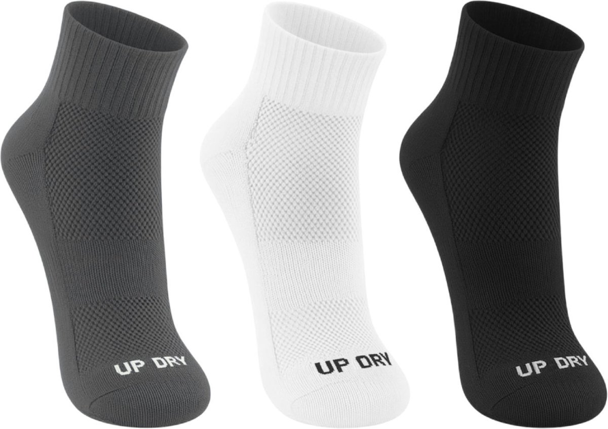 Imagem principal Kit 3 Pares Meia Esportiva Up Dry Anti Bolha Cano Médio Corrida Bike Ciclismo Caminhada Academia QLC SPORT branco/cinza/preto QLC SPORT branco/cinza/preto
