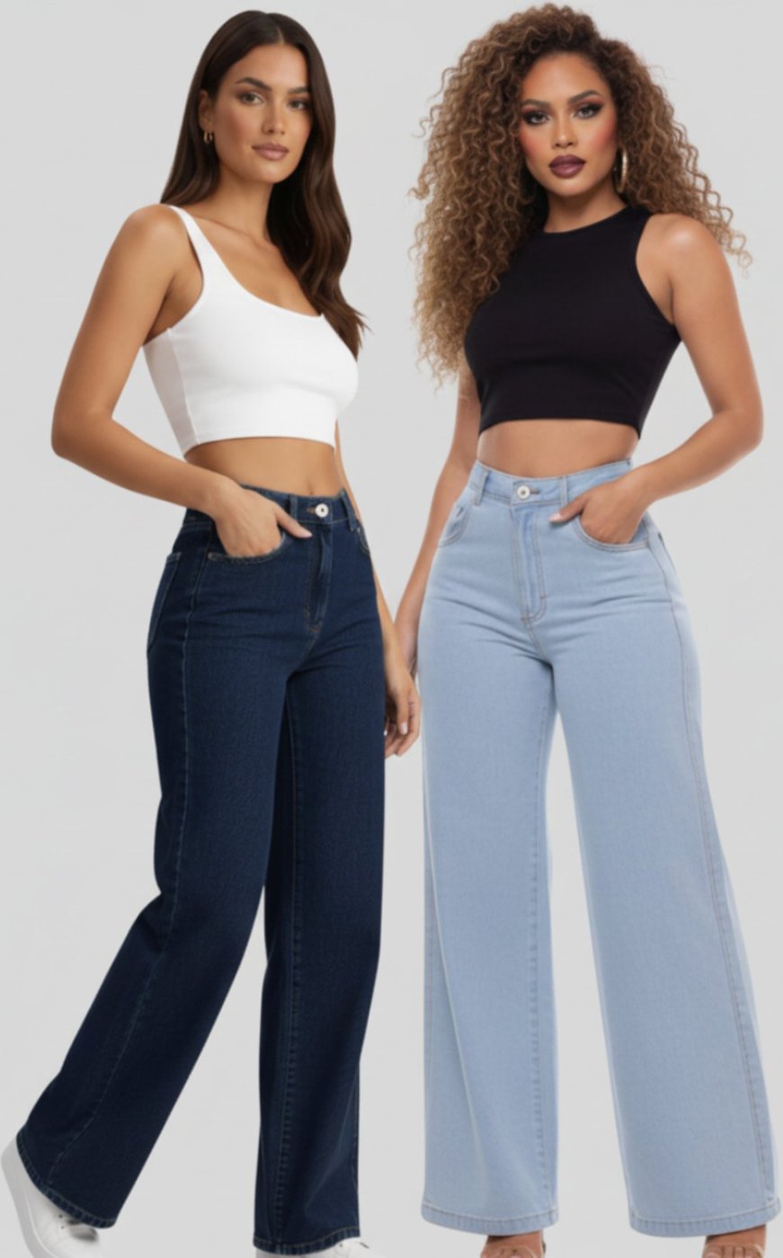 Kit 2 Calças Widleg Feminina Jeans Alpha Street Wear Estilo Gringa Fashion e Confortavel Azul Delave e Azul Escuro