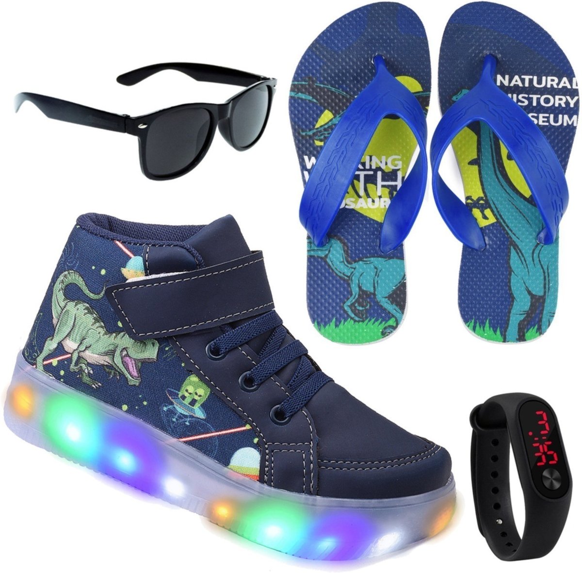 Infantil - Tenis Masculino de Led Botinha Dinossauro Calce Facil Original + Chinelo + Brindes