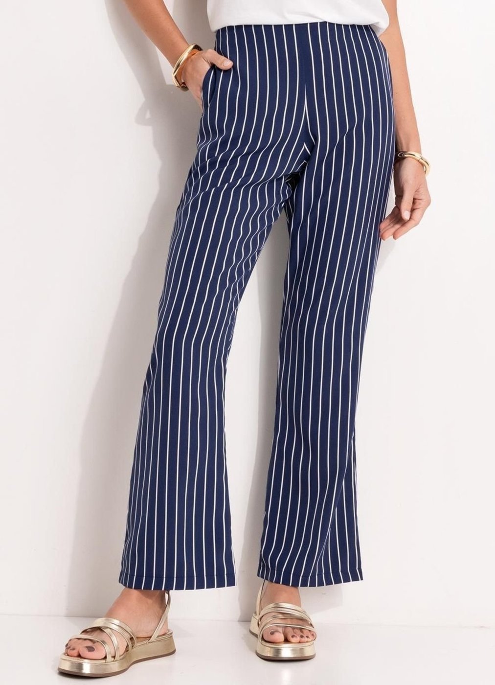 Calça Em Tecido De Poliéster Quintess Listrado Marinho