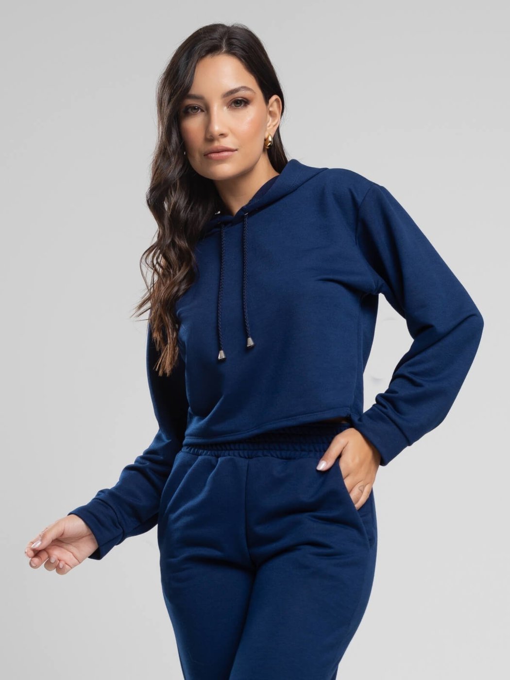 Casaco Cropped Vicbela Manga Longa com Capuz Moletinho Inverno Marinho