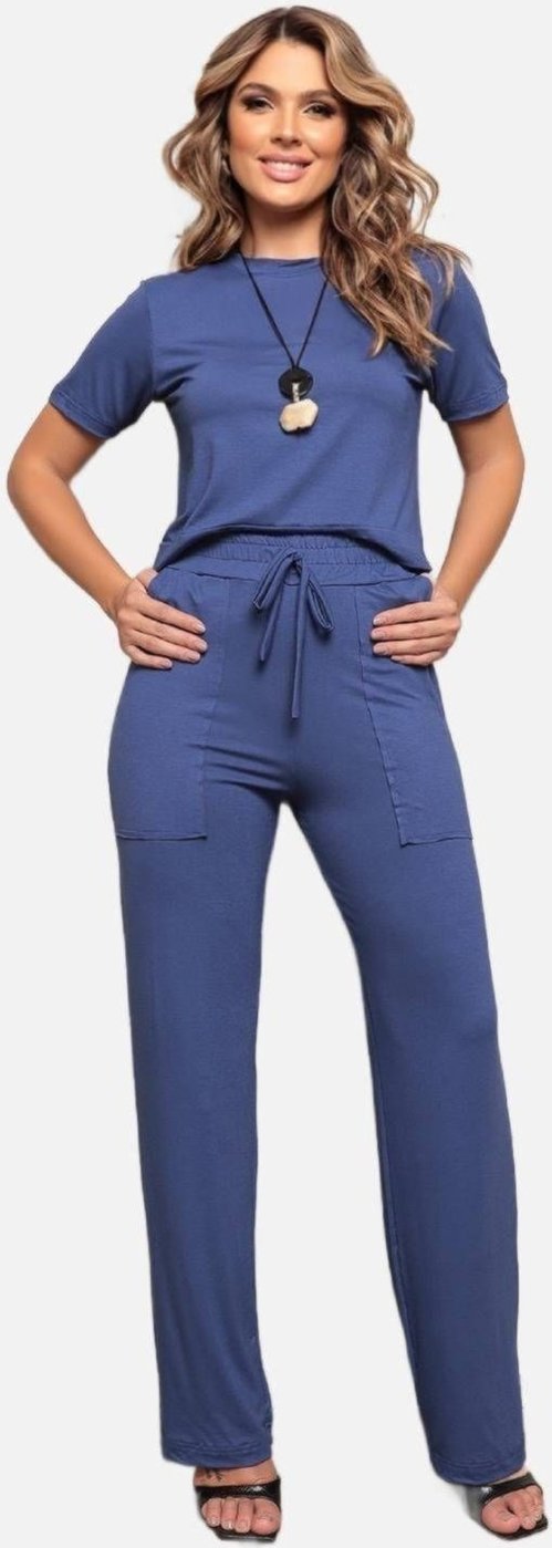 Conjunto Blusa Manga Curta e Calça Dellamarca Casual Comfort Cadete