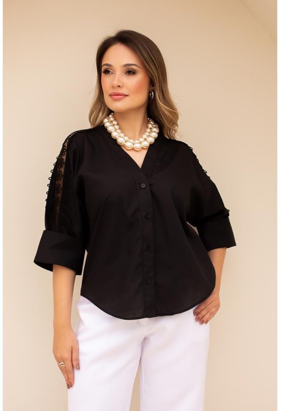 Camisa Feminina De Algodão Estilo Bata Branca Preta