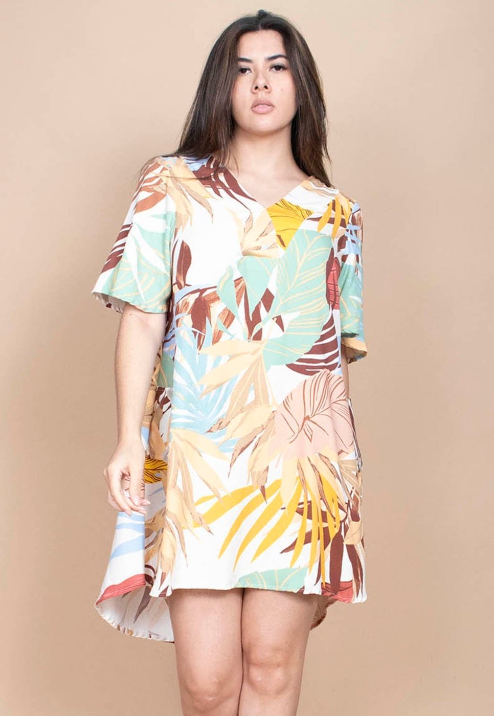 Vestido Cabanafree Curto Pataxô Viscose Mullet Decote V Estampa Aurora Suave