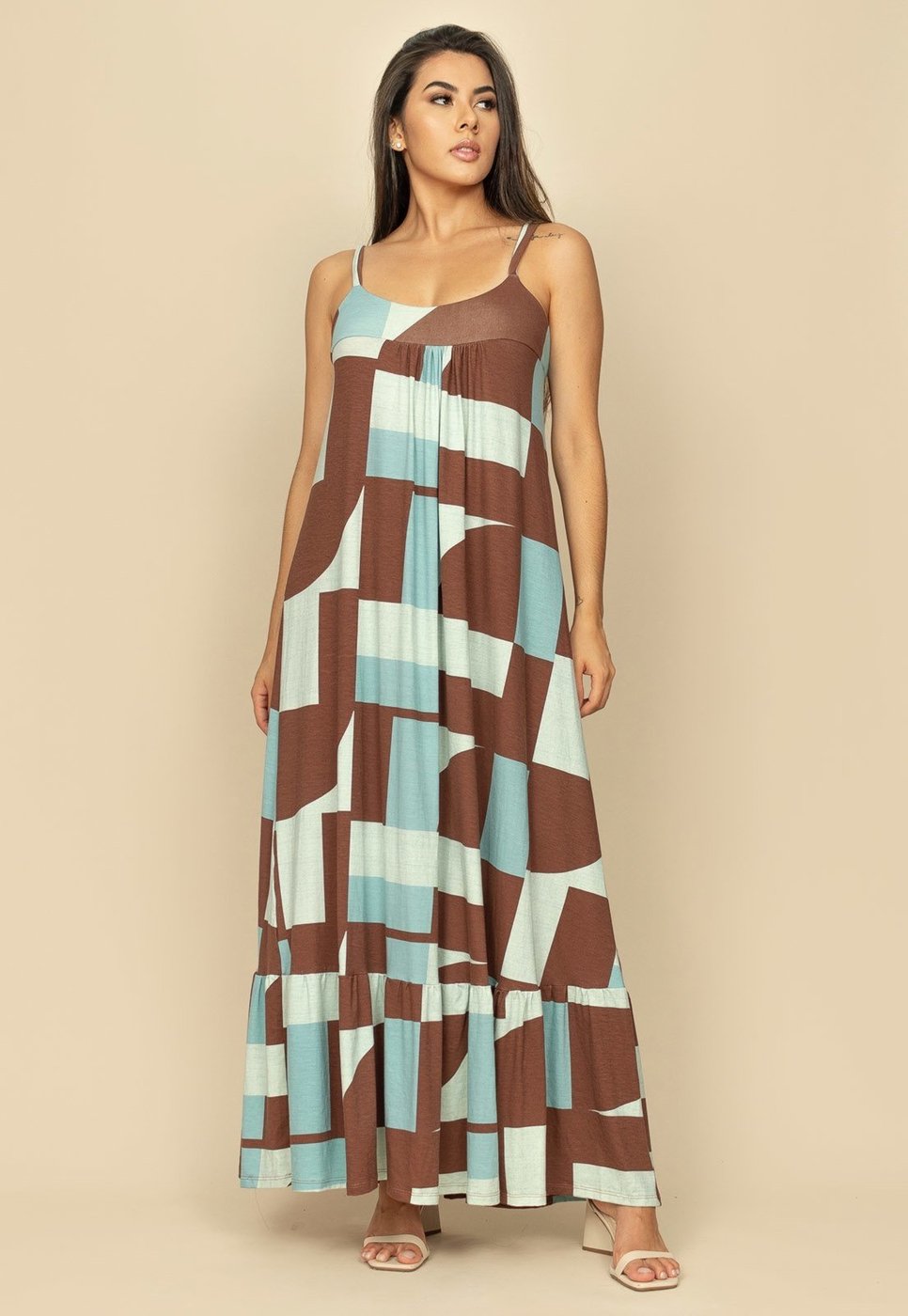 Vestido Longo Jataí Trapézio Malha Estampa Santa do Tocantins