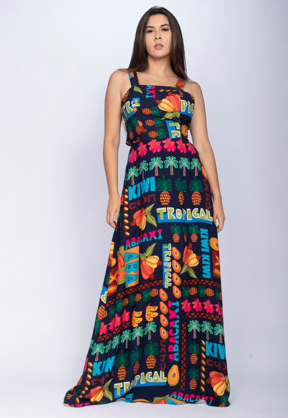 Vestido Amazônia Vital Regata Longo Estampa Frutas do Brasil Blue