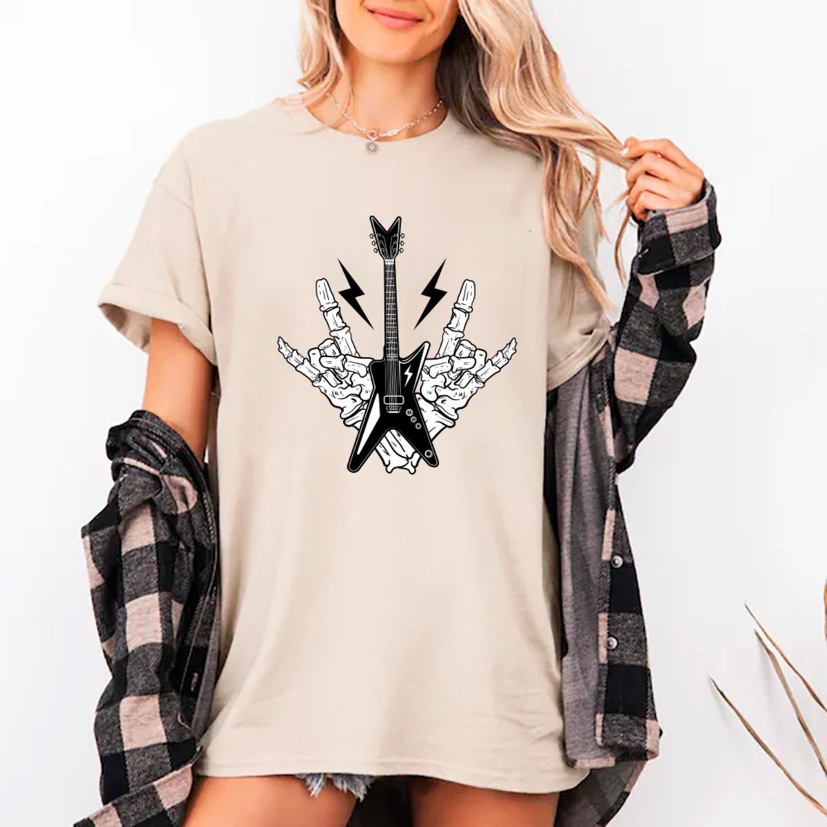 Imagem principal Camiseta Ousy Unissex Streetwear Rock Guitar Lightning Visual Impactante Oversized Off White off-white white ousy off-white white