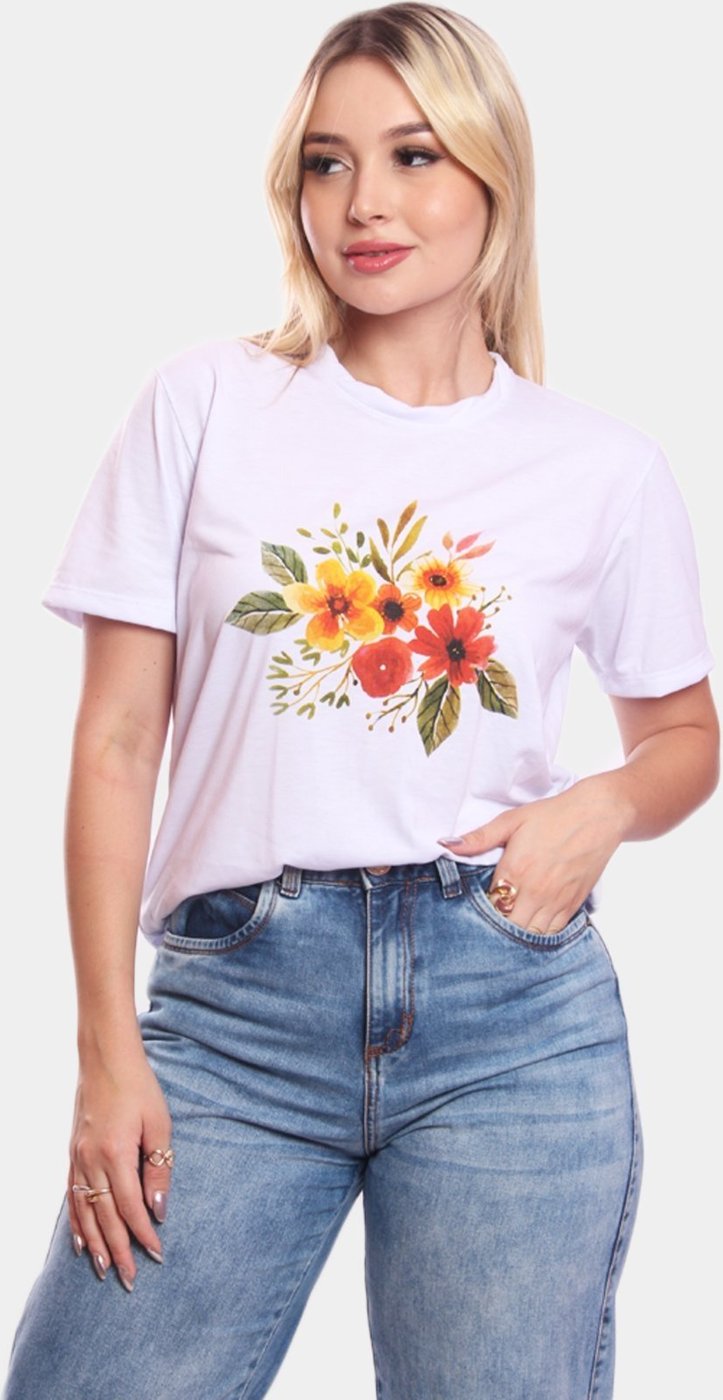 Imagem principal Tshirt Blusa Feminina Ramo de Flores Estampada Manga Curta Camiseta Camisa ADRIBEN branco ADRIBEN branco