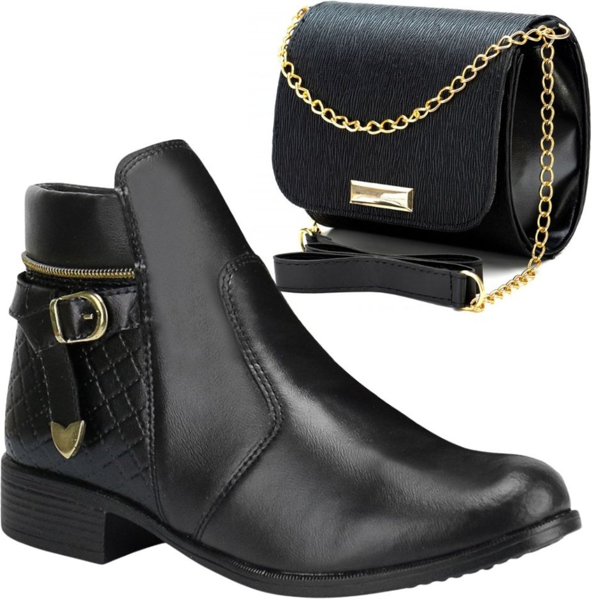 Kit Bota Feminina Cano Curto Fechamento Zíper + Bolsa Transversal Alça Corrente