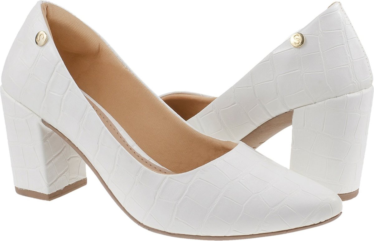 Sapato Social Scarpin Bico Fino Leve e Confortavel Shekinah Salto Alto Grosso Croco Bloco Moda Blogueira