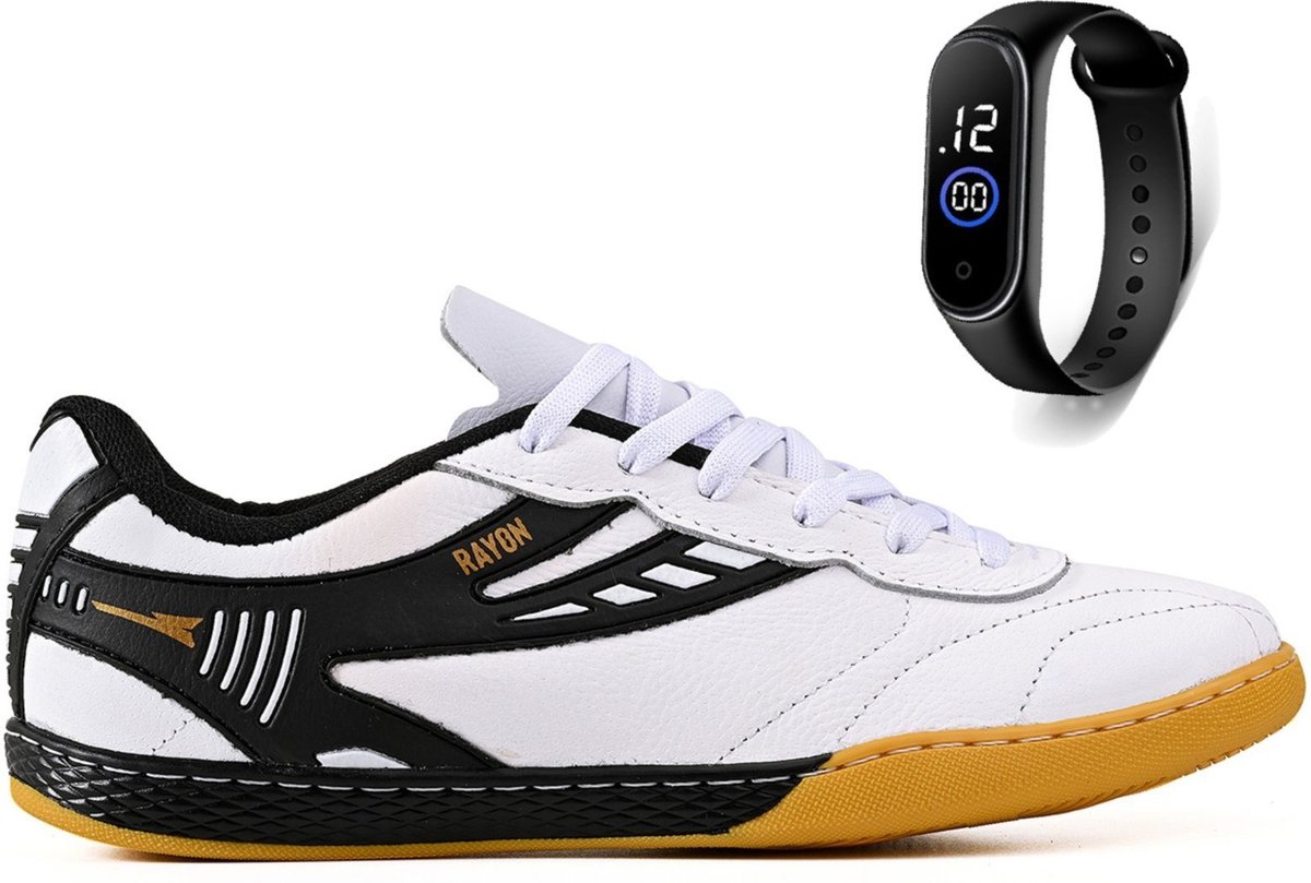 Imagem principal Kit Chuteira Futsal Couro Futebol Quadra Salao + Relogio Adulto CALCADOS LGHT LIGHT branco CALCADOS LGHT LIGHT branco