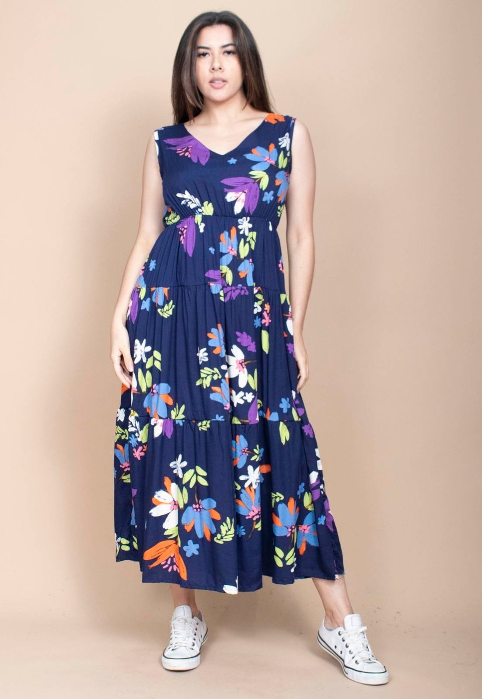 Vestido Cabanafree Regata Longo Peri Viscose Camadas Estampa Festa das Flores