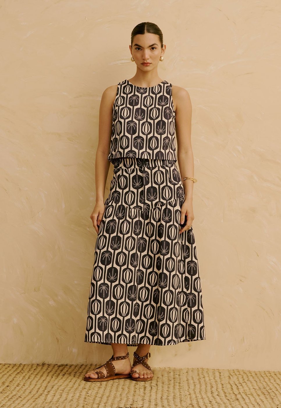 Saia Maxi Midi com Detalhe Franzido Estampada Cacau Palmer