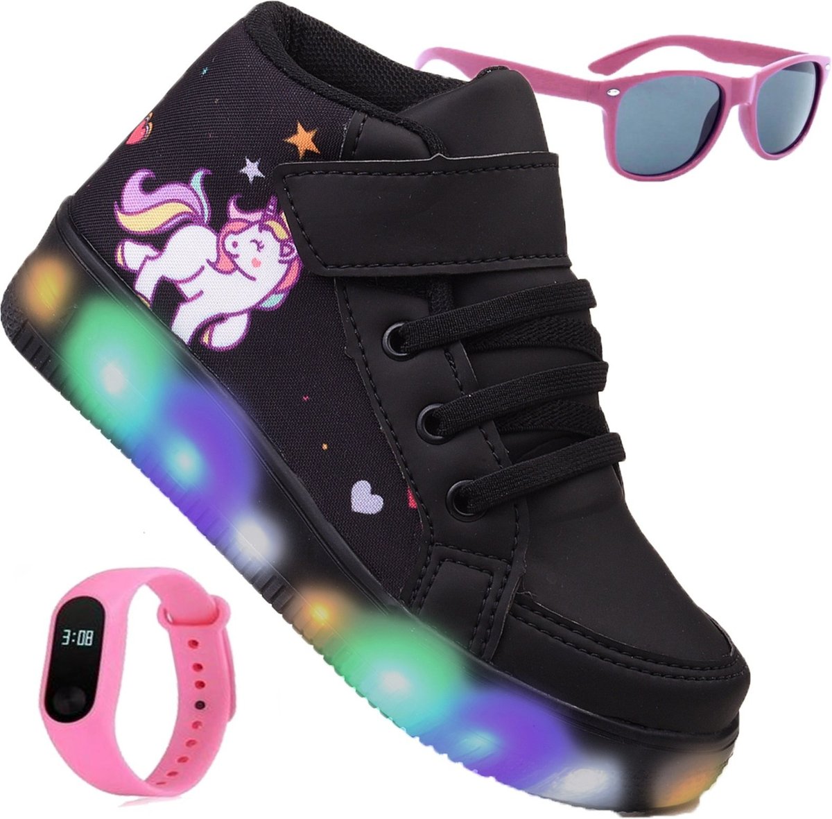 Imagem principal Infantil - Tenis Feminino de Led Botinha Unicornio Meninas Calce Facil + Oculos + Relogio Venza preto Venza preto