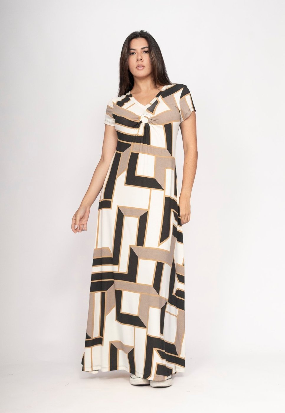 Vestido CabanaFree Coema Longo Malha Detalhe no Busto Estampa Igaci