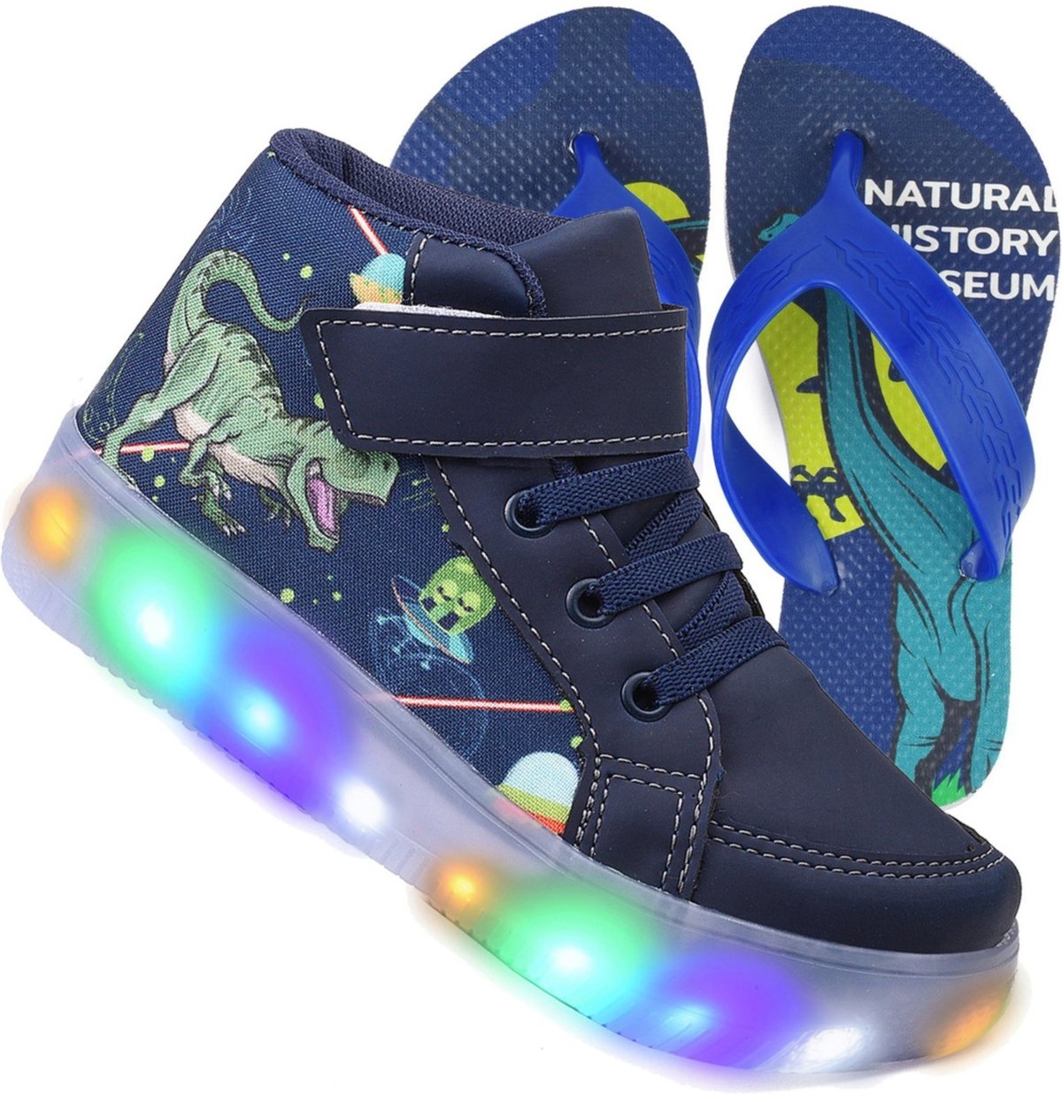 Infantil - Tenis Masculino de Led Botinha Dinossauro Calce Facil Original + Chinelo