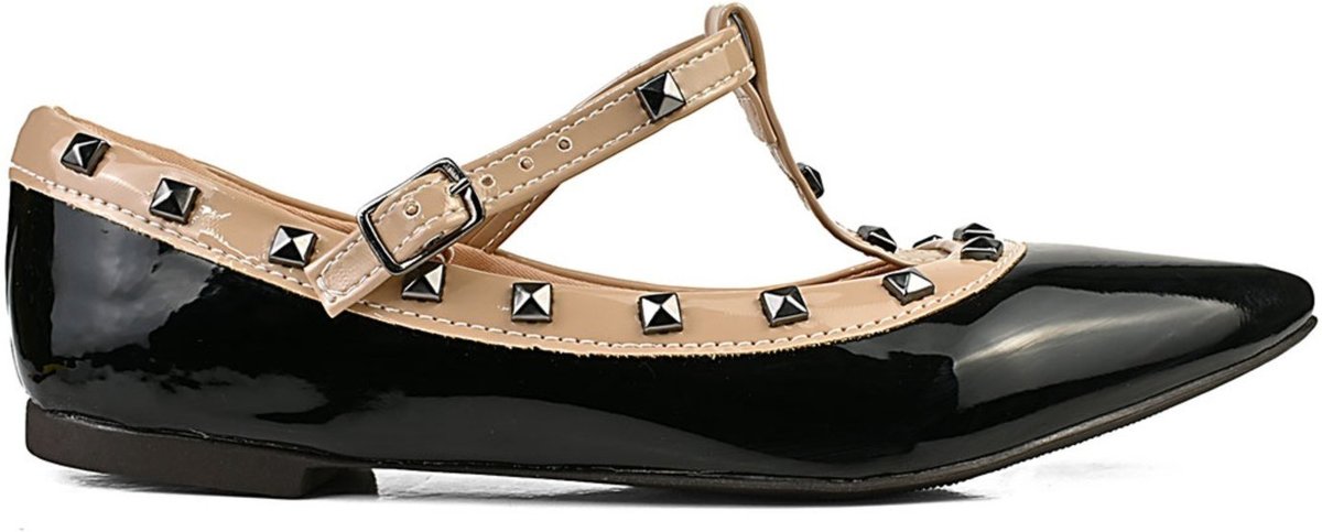 sapatilha feminina bico fino mary jane com verniz comspikes e fivela confort Preto