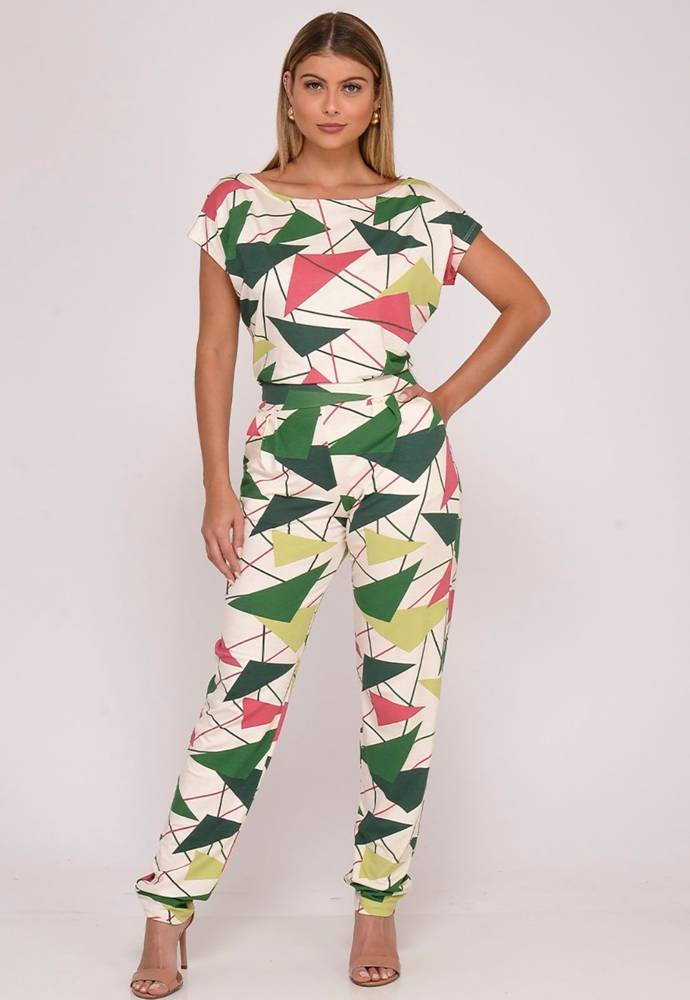 Macacão Longo M/C Decote Canoa B'Bonnie Mel Geo Verde