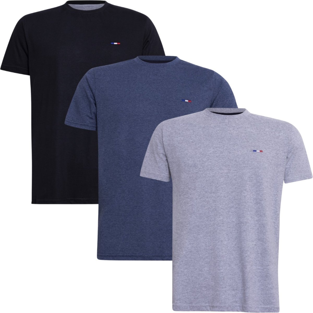 Imagem principal Kit 3 Peças Camisetas Básicas Masculina FMF Preto Cinza Azul Mescla em Algodão Premium no Estilo Tommy Bordado França preto azul FMF preto azul