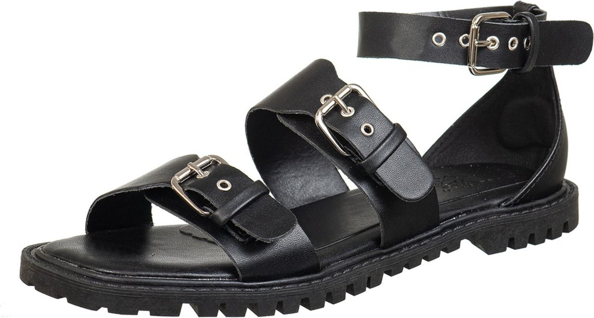 Sandalia Feminina Rasteira Flat Estilo Tratorada Via Birigui C/ Traseiro e Fivelas