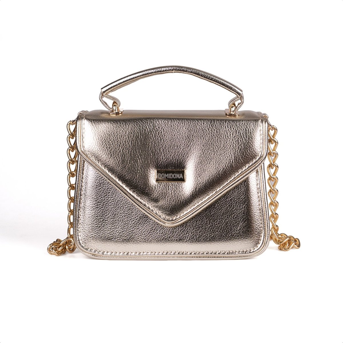 Bolsa Feminina Dourada Domidona Tiracolo Metalizada Corrente Alça Ajustável