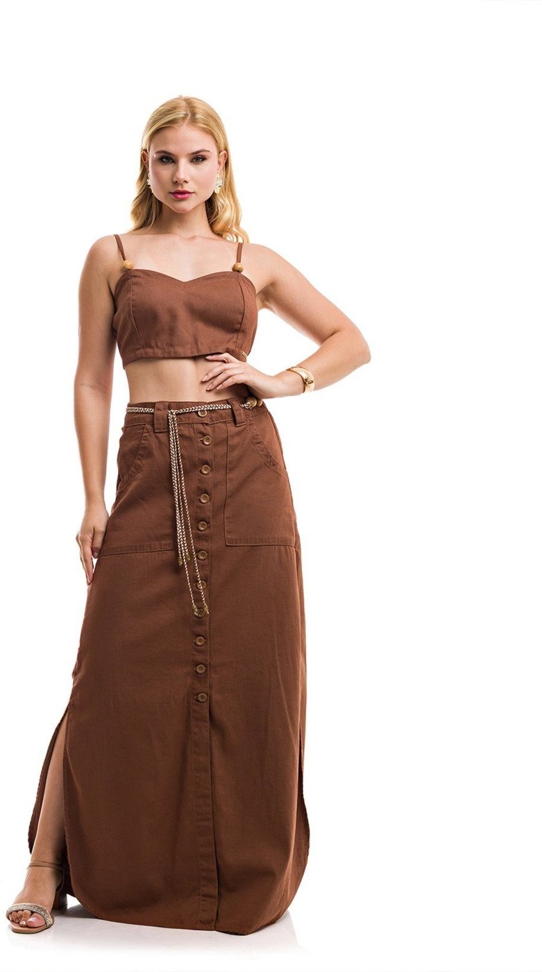 Conjunto Restrito Jeans Cropped e Saia Longa De Linho Premium