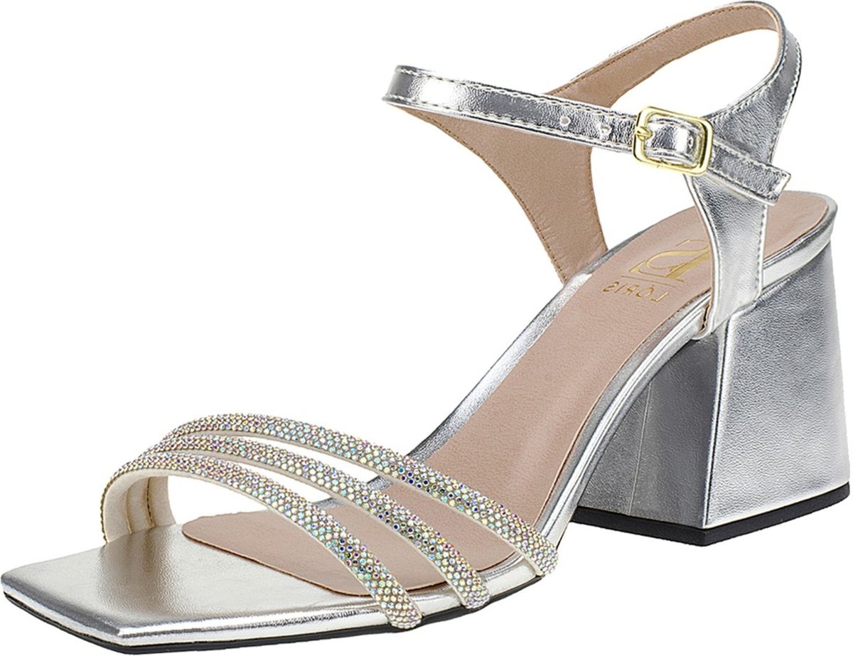 Sandália Lóris Shoes de Salto Bloco Metalizada Tiras de Strass Pedraria 9001