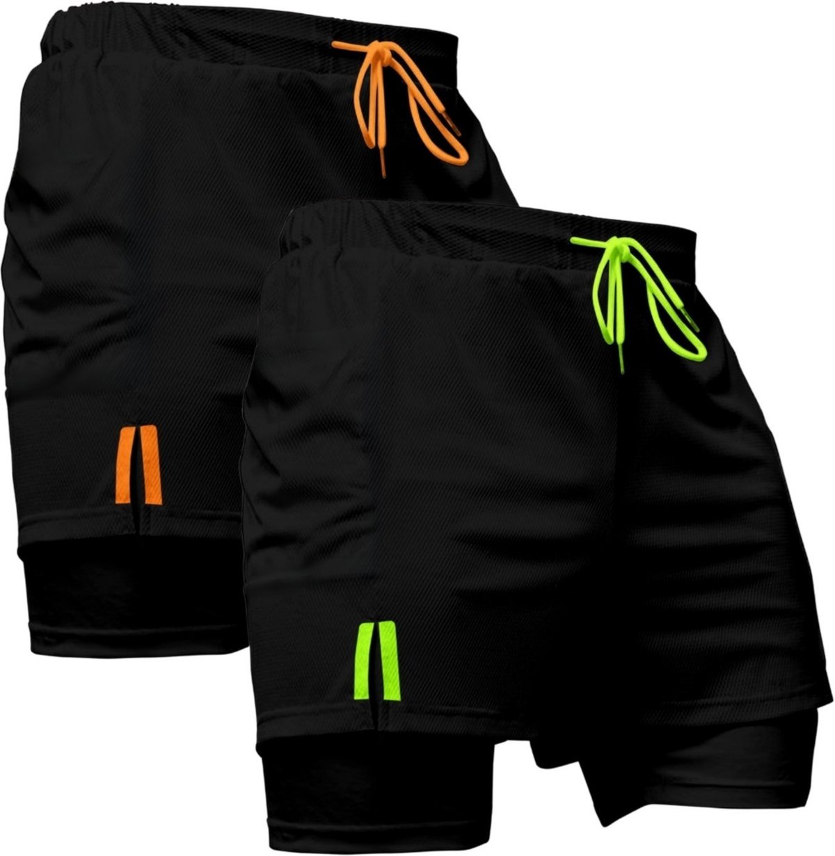 Imagem principal Kit 2 Short Treino Dry Fit Térmico 2 em 1 com Bolso para Celular e Porta-Toalha Calção Fitness Academia Relaxado preto Relaxado preto