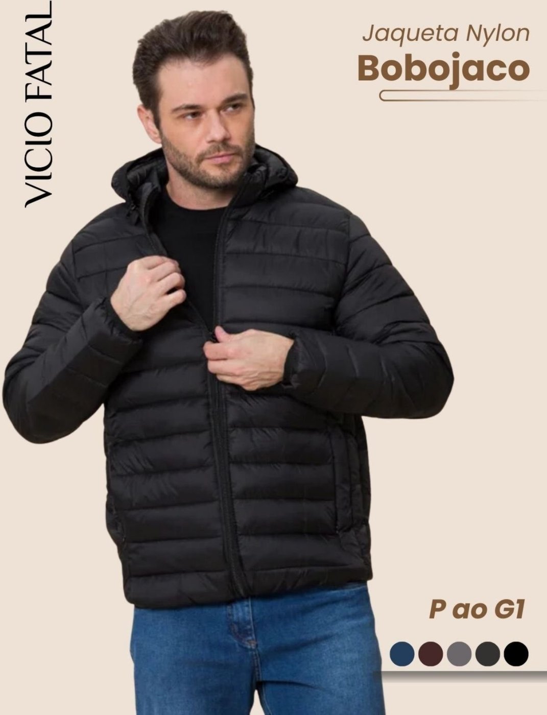 Jaqueta Masculina Nylon Bobojaco Impermeável Puffer Acolchoada Corta Vento Capuz Removível Confortavel Casual Tecido Premium Ultra Leve