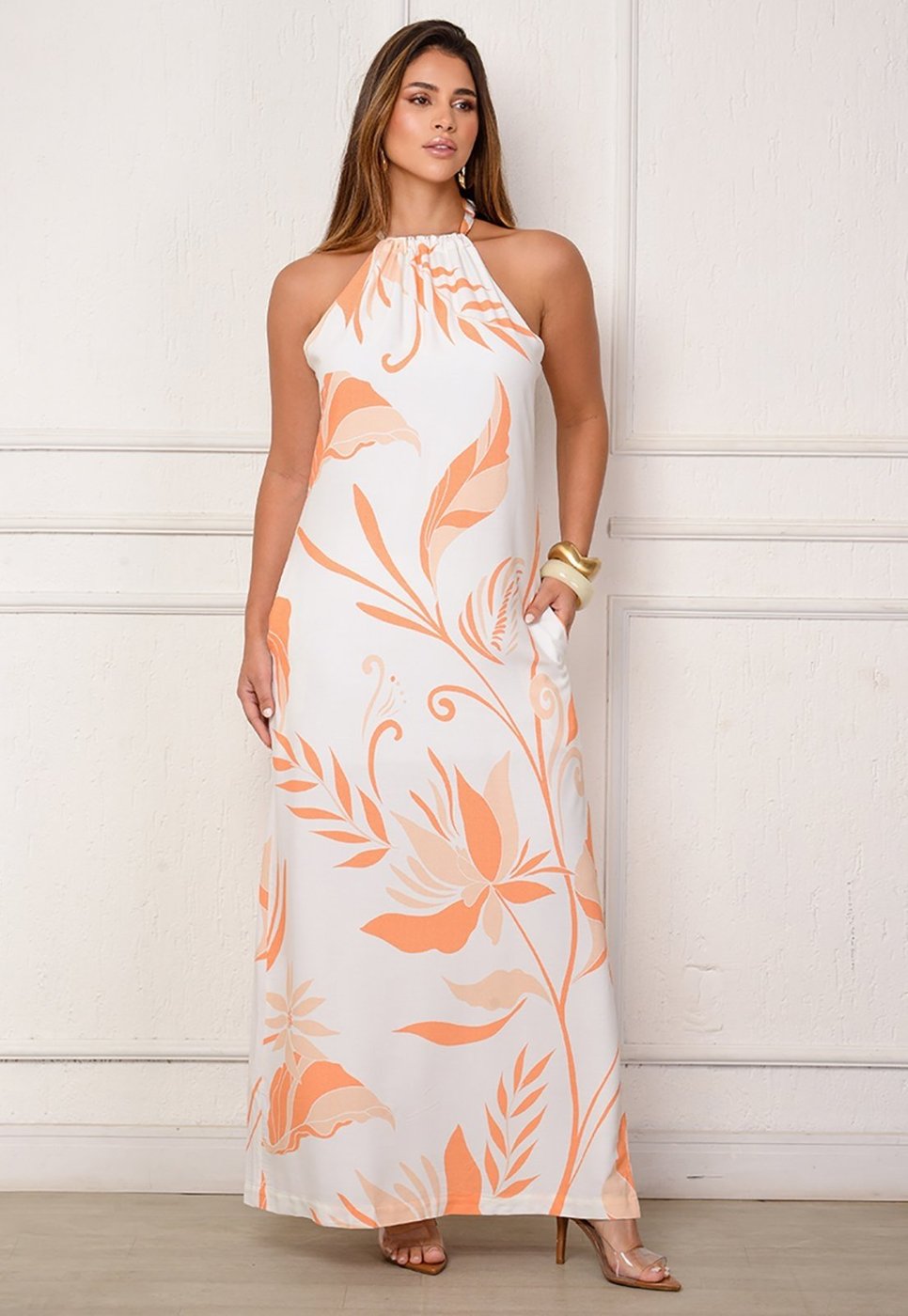 Imagem principal Vestido Sabrina - Longo com Amarração no Pescoço Estampa BBonnie laranja BBonnie laranja