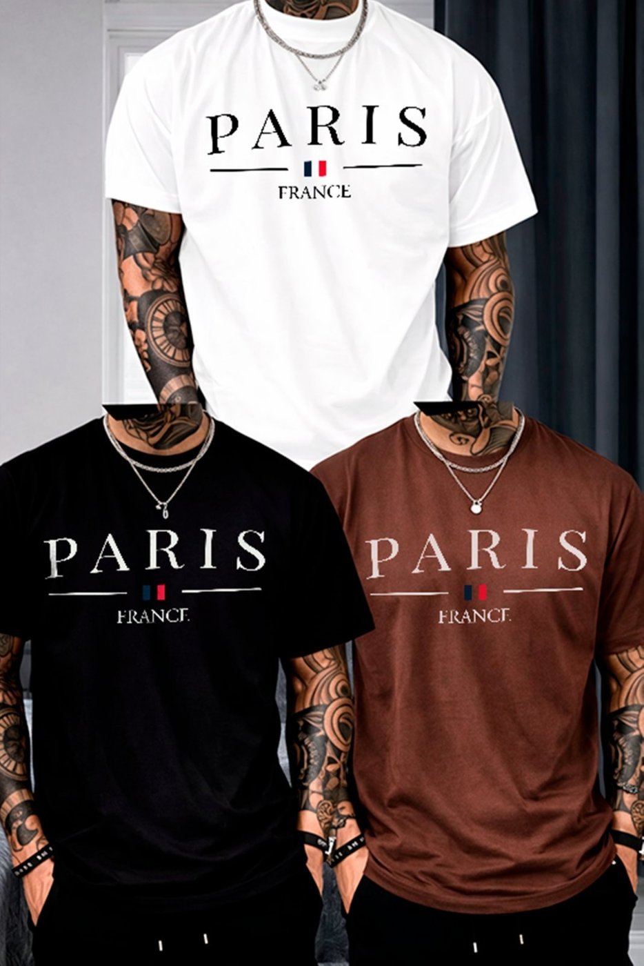 Imagem principal Kit 3 Camisetas Oversized Paris France Casual Moderno Premium Unissex Algodão Premium ousy branco/marrom/preto ousy branco/marrom/preto