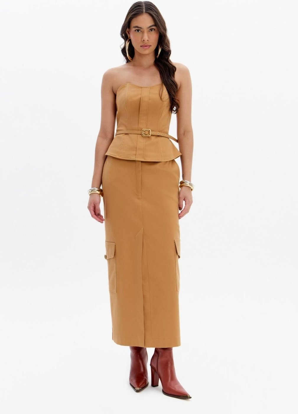 Saia Super Midi Cintura Alta Com Bolsos