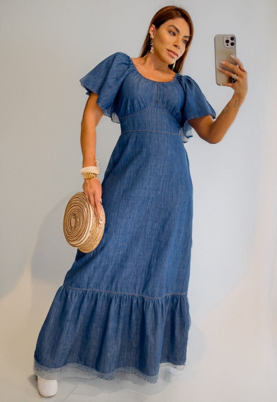 Vestido Cabanafree jeans longo com manga