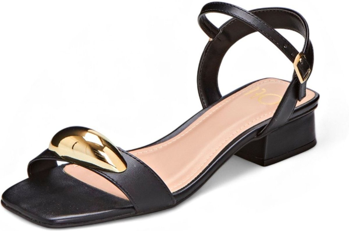 Sandália Feminina Preta Saltinho Bloco Aplique Dourado Offline