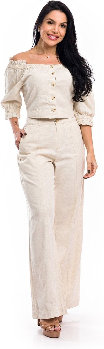 Conjunto Restrito Jeans Cropped e Calça Pantalona de Linho - AREIA