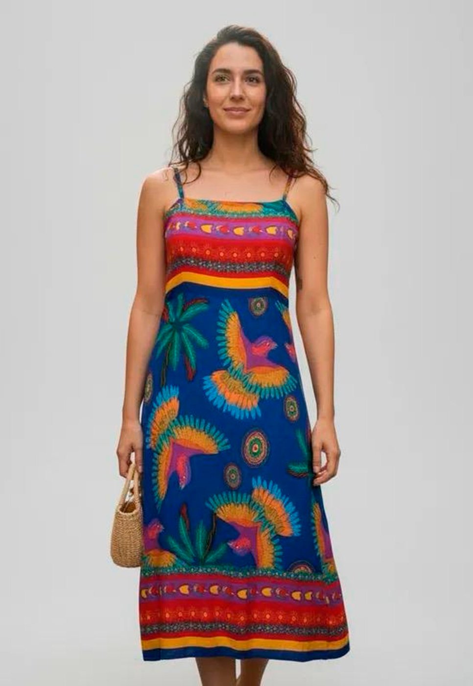 Vestido Amazonia Vital Midi Alça Fina Estampa Dança dos Passáros