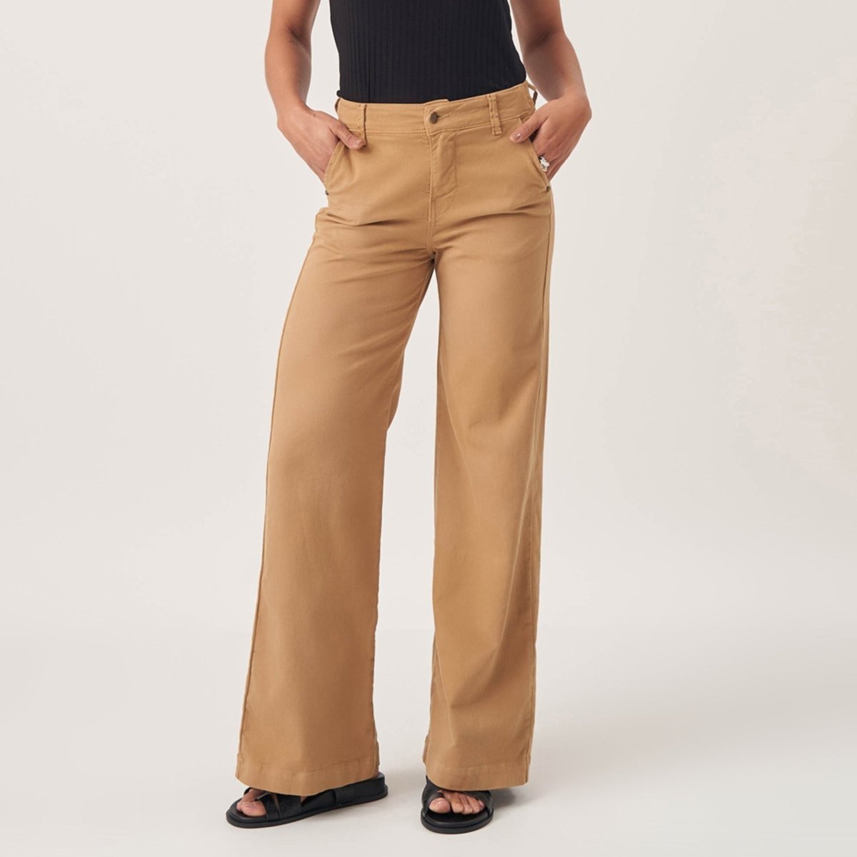 Calça Jeans Color Wide Leg Cintura Alta Elástico Cós Caqui Chique