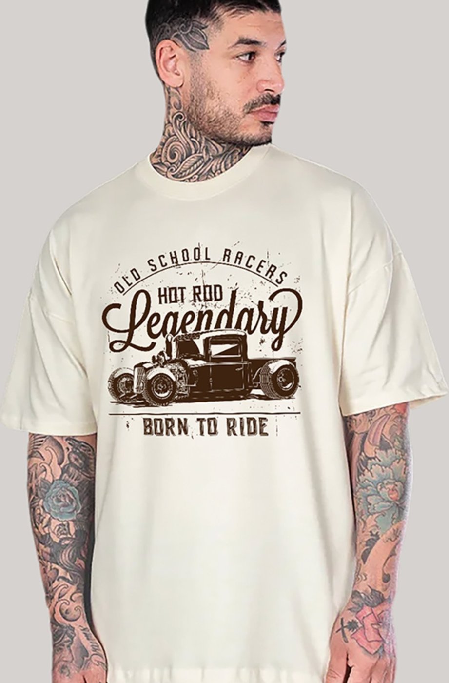 Imagem principal Camiseta Ousy Unissex Streetwear Old School Racers Hot Rod Born To Ride Visual Oversized Off White off-white white ousy off-white white