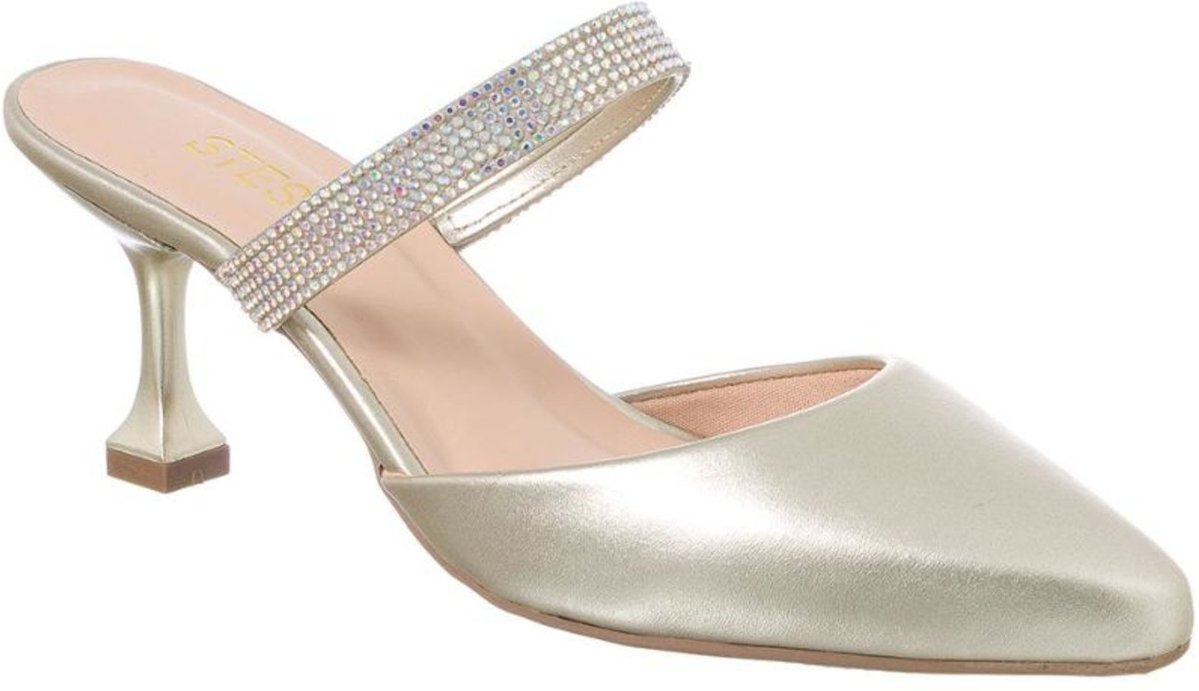 Imagem principal Scarpin Mule Salto Taça Baixo Bico Fino Com Brilho Strass Metalizado Stessy Shoes dourado Stessy Shoes dourado