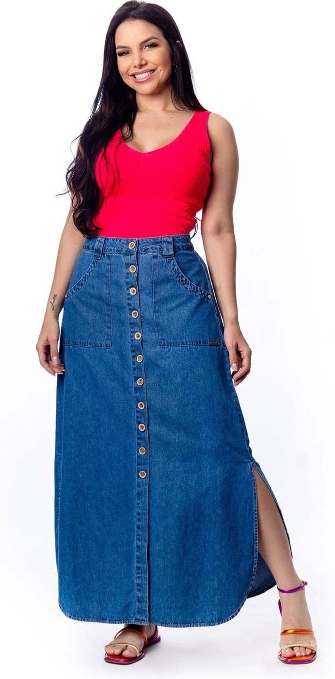 Saia Longa Restrito Jeans Com Elástico e Fenda MÉDIO