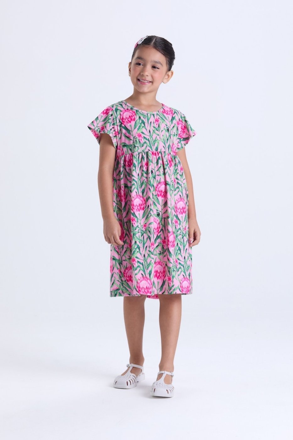 Infantil - Vestido Menina Floral Babado Poliplex