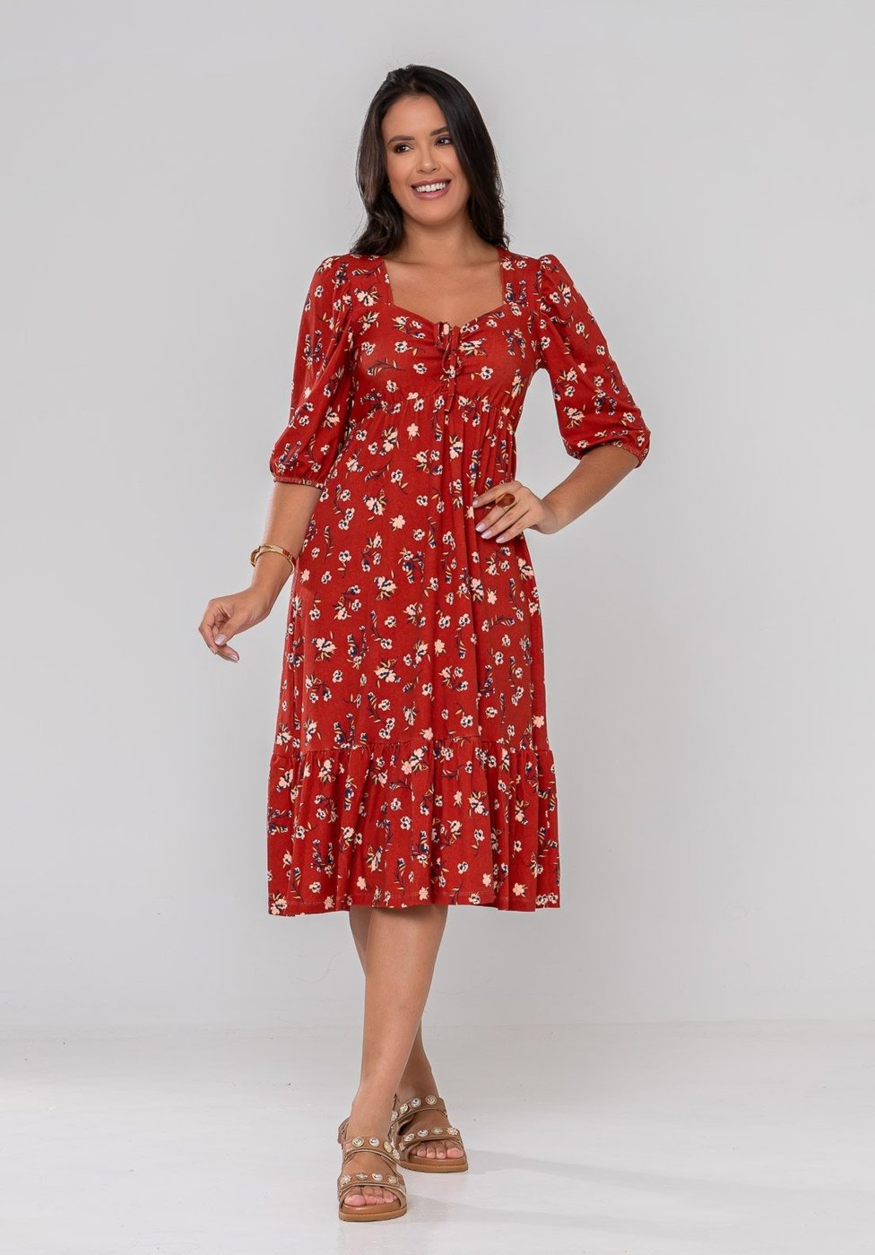 Vestido Aura Midi Catarina Floral Chic Terracota