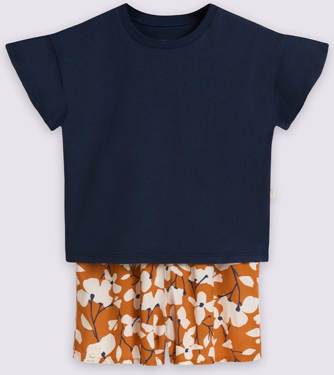 Imagem principal Infantil - Conjunto Menina Bugbee Blusa Lisa Manga Curta Gola Redonda Meia Malha Shorts Estampado Viscose azul marinho/laranja Bugbee azul marinho/laranja