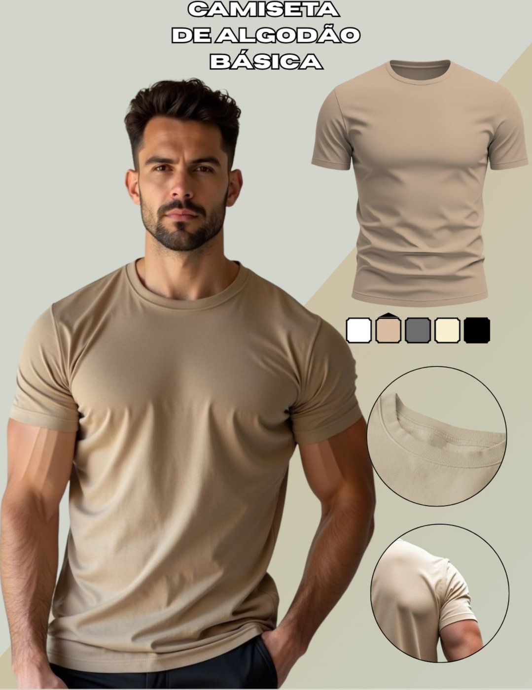 Imagem principal Camiseta Básica Masculina GuGi Lisa T-shirt Moda Camisa Casual Caqui cáqui caqui Gugi cáqui caqui