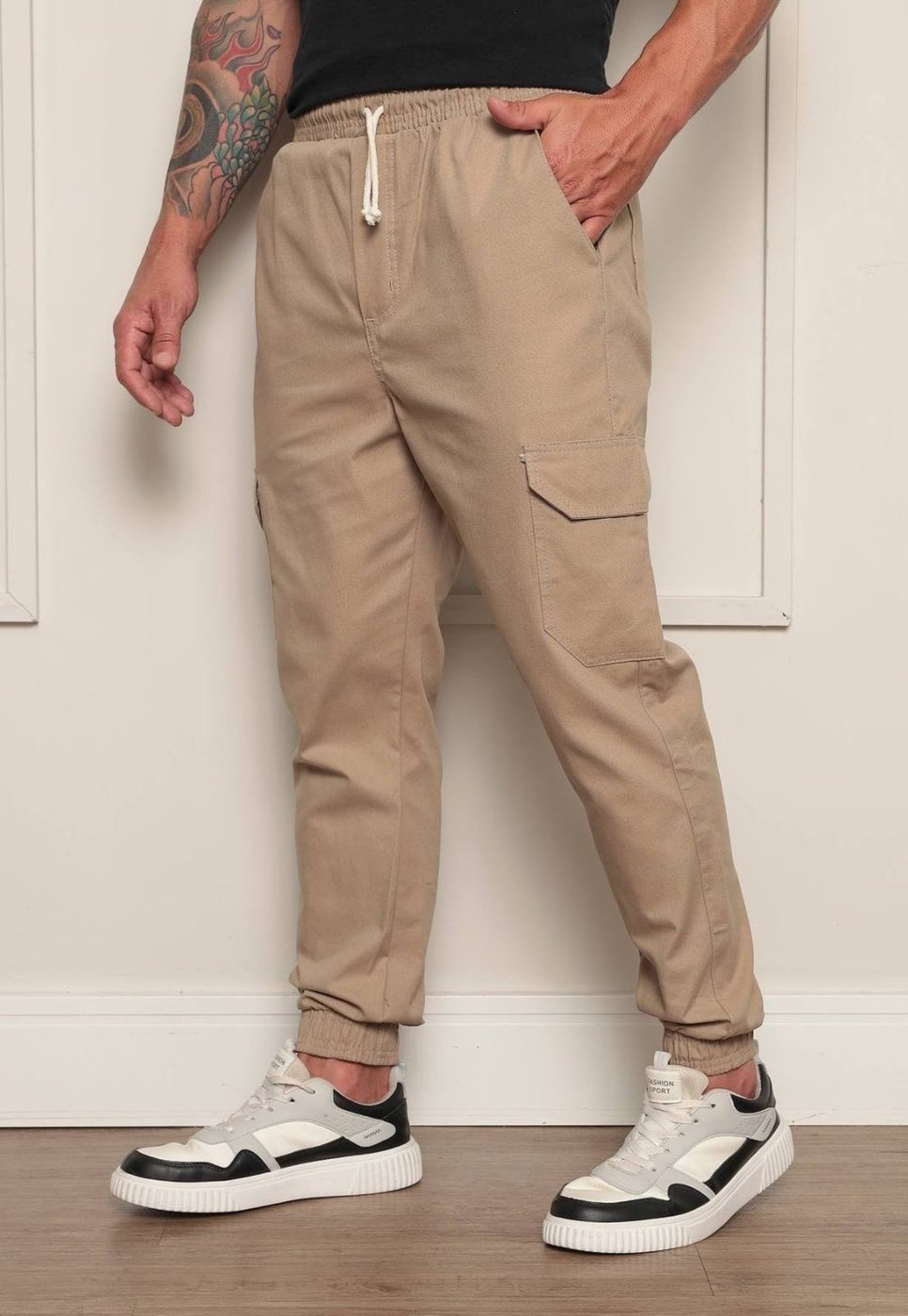 Imagem principal Calça Jogger Masculina Ethereal Jeans com Bolso Cargo Confortável Com Punho Caqui Escuro cáqui caqui cáqui caqui