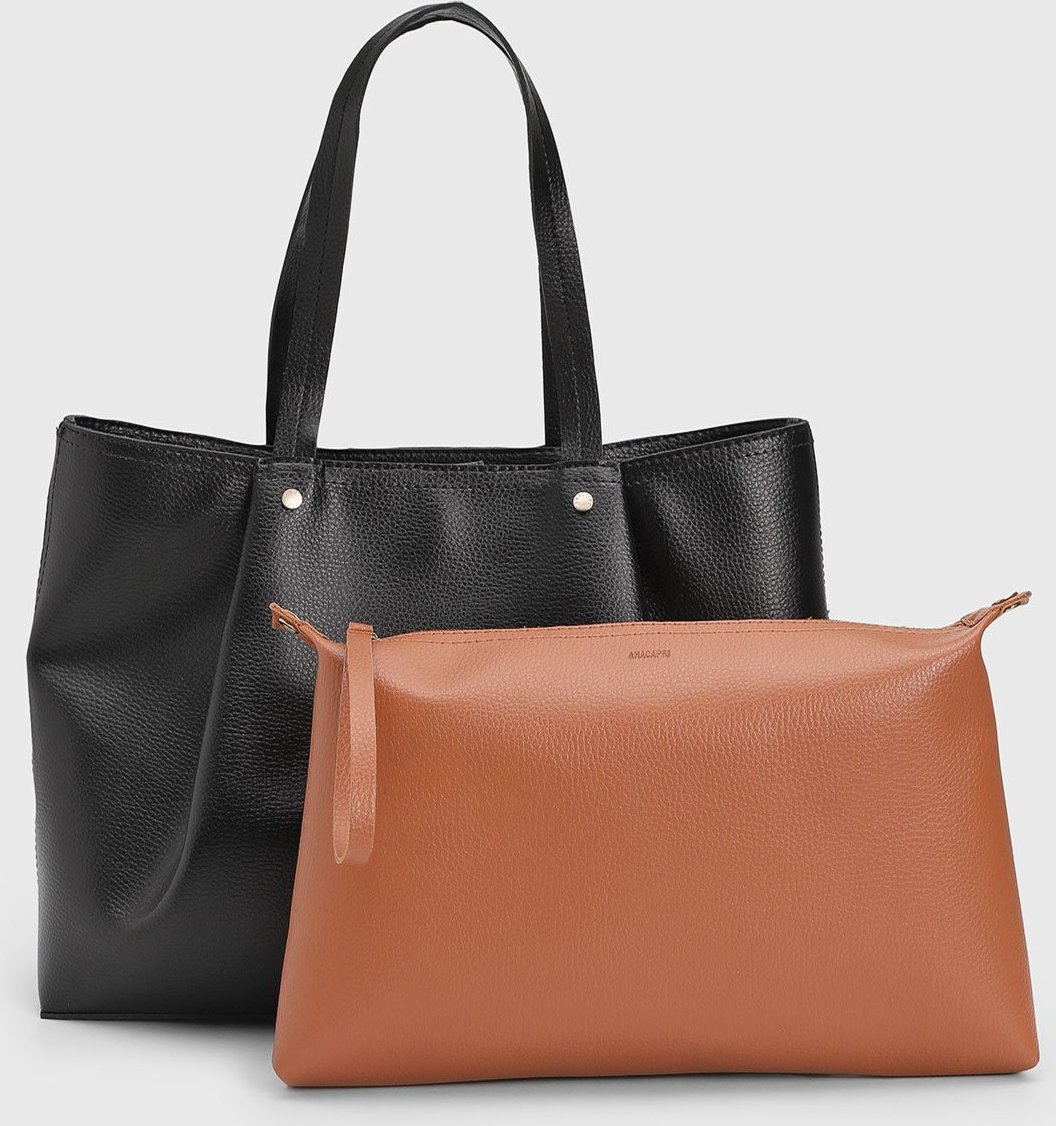 Kit Bolsa e Necessaire Feminino Anacapri Texturizada Preta e Caramelo