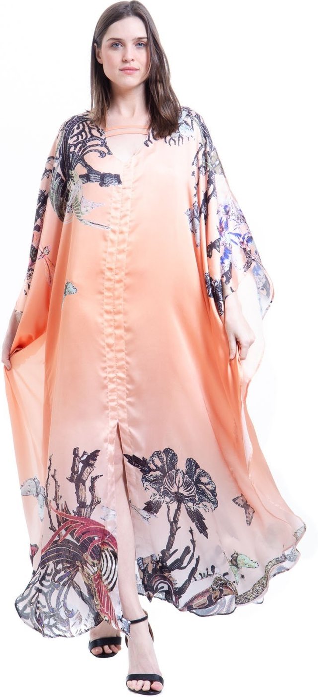 Vestido KAFTAN Longo Cetim Estampado EXCLUSIVO Fundo do Mar Coral