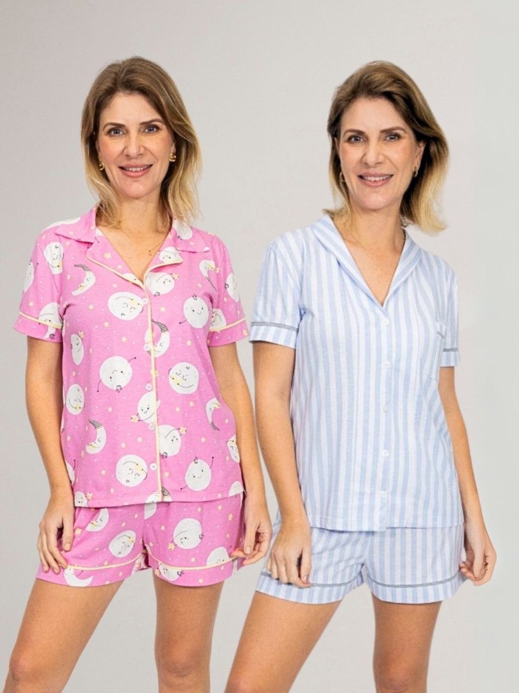 KIT Pijama Americano Curto Listrado + Pijama Americano Curto Lua Rosa