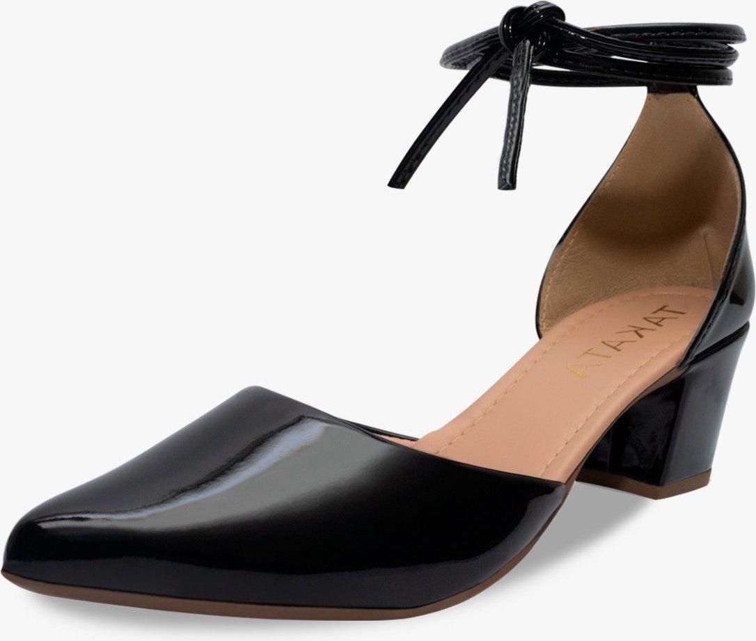 Scarpin Feminino Salomé Salto Baixo Bloco Grosso Tiras Amarração Bico Fino Verniz