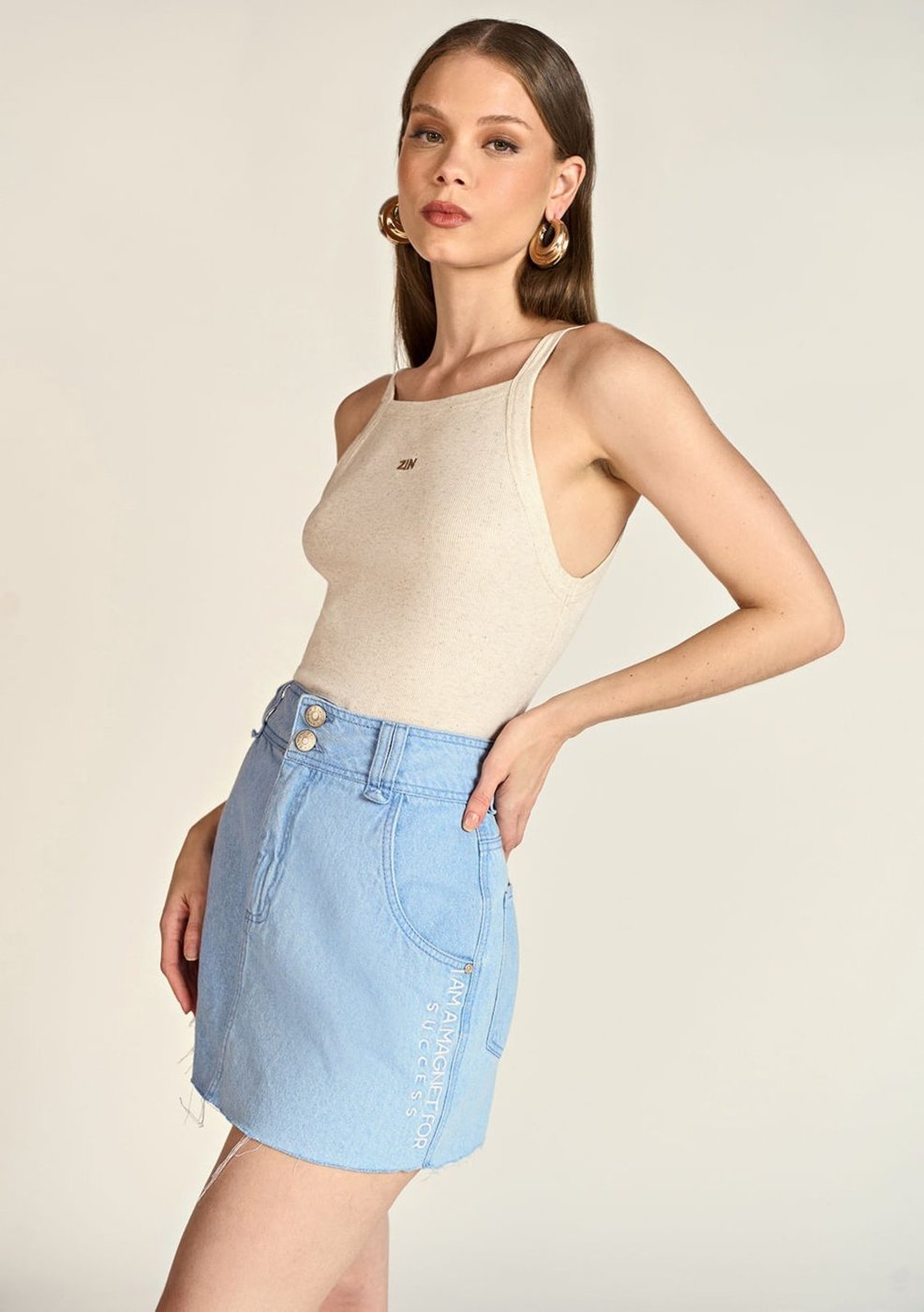 Saia Zinco Curta Five Pockets Com Bordado